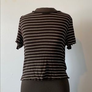 Striped Lettuce Hem Ripped Cropped T-Shirt